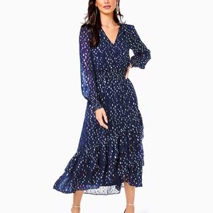 NWT Lilly Pulitzer Navy Blue/Gold Metallic Midi Dress - Size 6